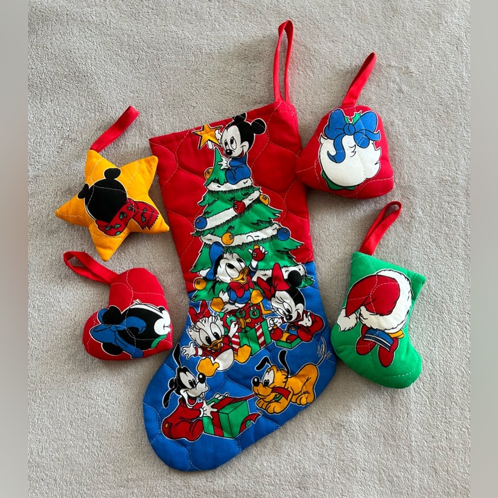 90’s Vintage Baby Disney Red and Blue Christmas Stocking with Ornaments - Picture 2 of 7